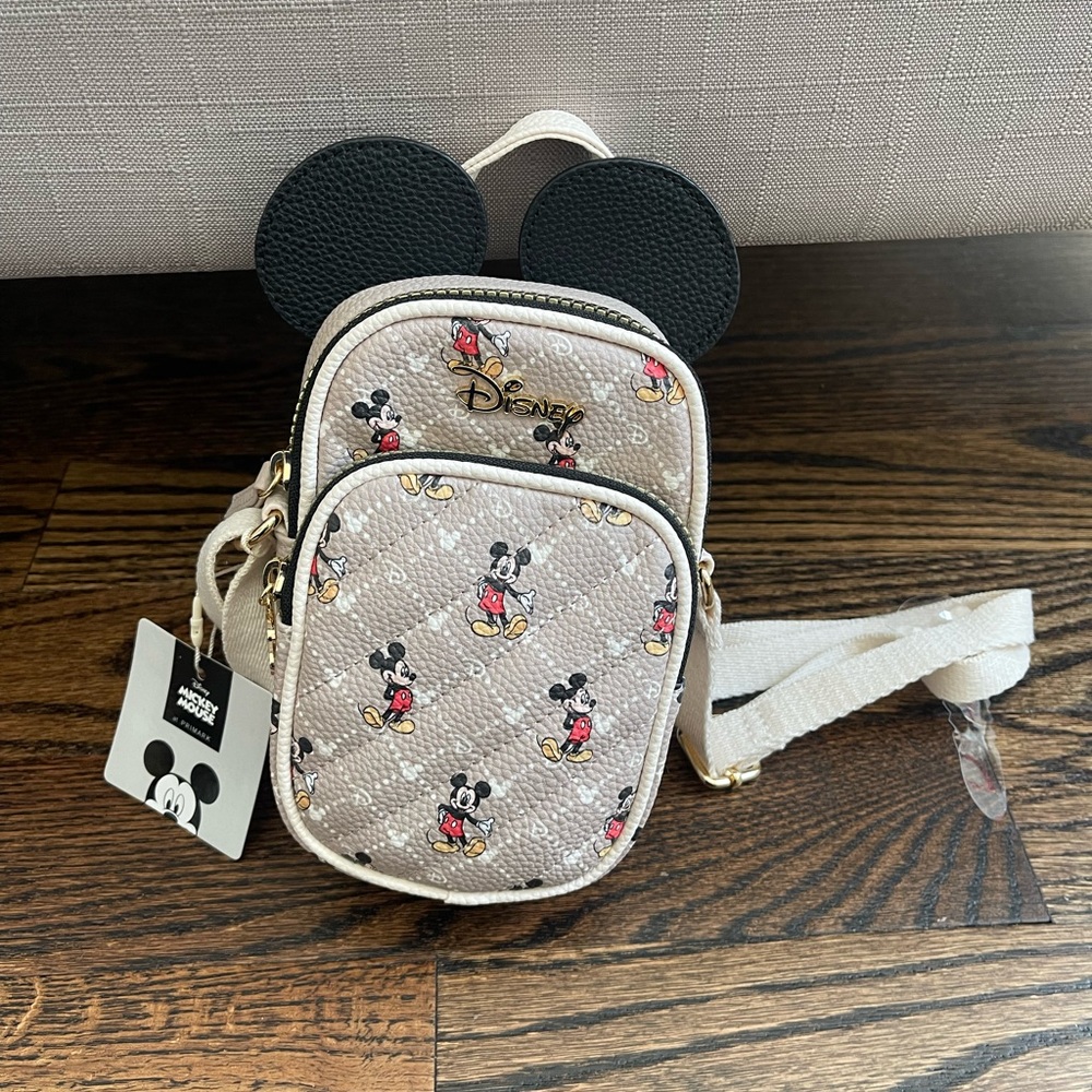 DISNEY Cream/ Beige Mickey Mouse Monogram Crossbody Phone Holder Bag NWT